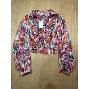 RO&DE Abstract Print Twist Front Collared Long Sleeve Crop Shirt Womens M